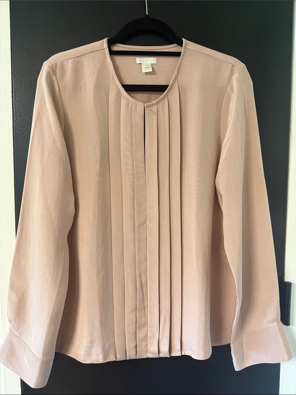 Jcrew silk long-sleeve blouse crew neckline and a vertically pleated front panel